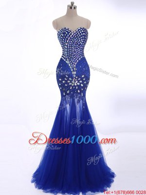 Brush Train Mermaid Evening Dress Royal Blue Sweetheart Tulle Sleeveless Zipper