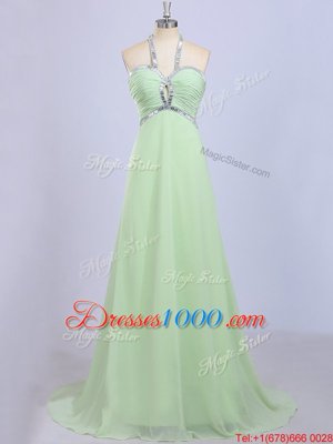 Halter Top Yellow Green Empire Beading Dress Like A Star Zipper Chiffon Sleeveless