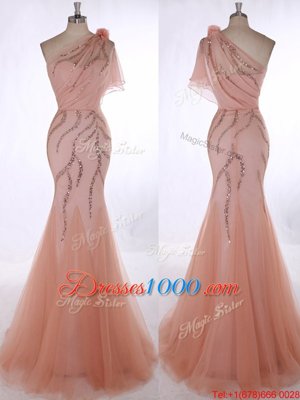 Glorious Tulle One Shoulder Sleeveless Brush Train Zipper Beading and Hand Made Flower Dress for Prom in Peach