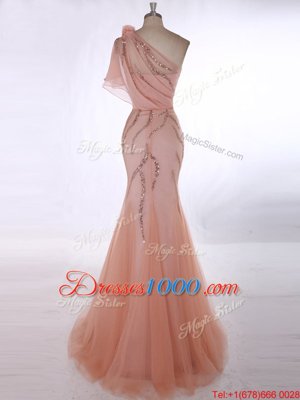 Glorious Tulle One Shoulder Sleeveless Brush Train Zipper Beading and Hand Made Flower Dress for Prom in Peach