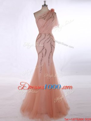 Glorious Tulle One Shoulder Sleeveless Brush Train Zipper Beading and Hand Made Flower Dress for Prom in Peach