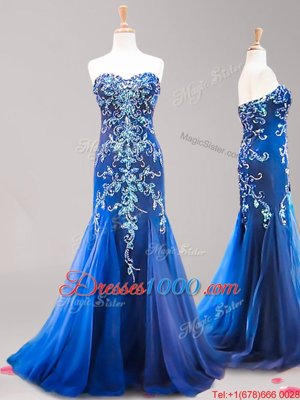 Mermaid Sleeveless Beading and Appliques Zipper with Royal Blue Brush Train