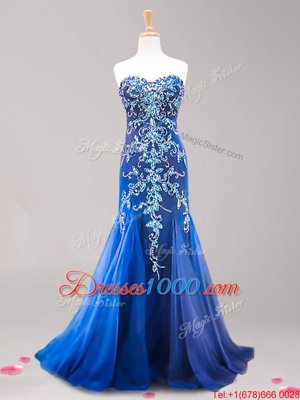 Mermaid Sleeveless Beading and Appliques Zipper with Royal Blue Brush Train