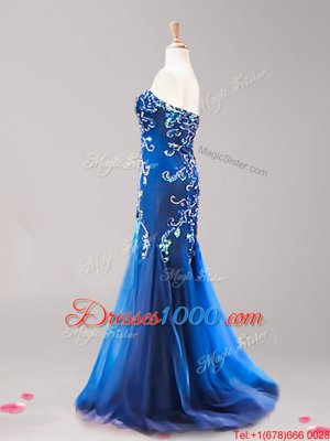 Mermaid Sleeveless Beading and Appliques Zipper with Royal Blue Brush Train