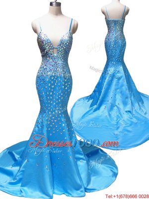 Edgy Mermaid Baby Blue Zipper Spaghetti Straps Beading Dress for Prom Satin Sleeveless Court Train