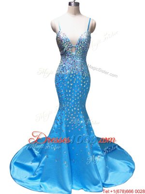 Edgy Mermaid Baby Blue Zipper Spaghetti Straps Beading Dress for Prom Satin Sleeveless Court Train