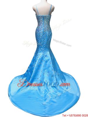 Edgy Mermaid Baby Blue Zipper Spaghetti Straps Beading Dress for Prom Satin Sleeveless Court Train