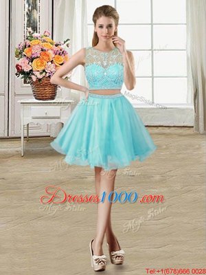 Three Piece Scoop Beading and Appliques Quinceanera Gowns Aqua Blue Zipper Sleeveless Floor Length