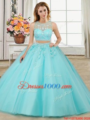 Three Piece Scoop Beading and Appliques Quinceanera Gowns Aqua Blue Zipper Sleeveless Floor Length