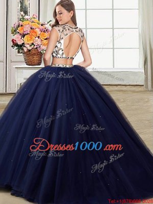 Hot Sale Three Piece Scoop Navy Blue Tulle Backless Sweet 16 Dress Cap Sleeves With Brush Train Beading