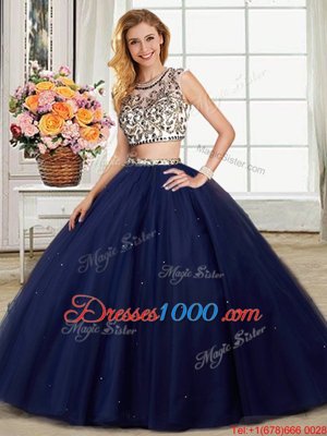 Hot Sale Three Piece Scoop Navy Blue Tulle Backless Sweet 16 Dress Cap Sleeves With Brush Train Beading