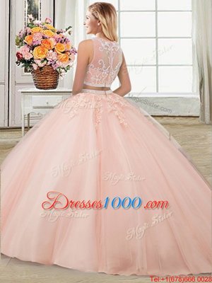 Four Piece Scoop Aqua Blue Ball Gowns Beading and Appliques Quinceanera Dress Zipper Tulle Sleeveless Floor Length