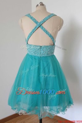 Aqua Blue A-line V-neck Sleeveless Tulle Knee Length Criss Cross Beading Prom Dresses