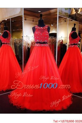 High End Scoop Coral Red Sleeveless Organza Zipper Prom Evening Gown for Prom and Party