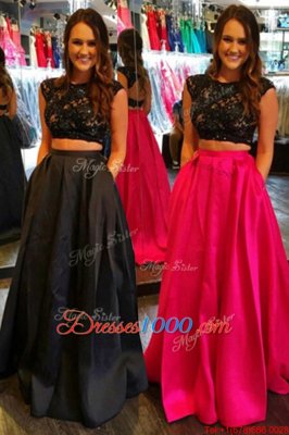 Pretty Scoop Cap Sleeves Satin Floor Length Backless Prom Evening Gown in Black for with Lace and Ruching