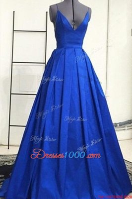 Fashion Royal Blue A-line Satin Spaghetti Straps Sleeveless Ruching Criss Cross Prom Party Dress Sweep Train