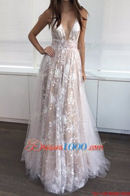 New Arrival Sleeveless Tulle Floor Length Zipper Homecoming Dress in Champagne for with Lace