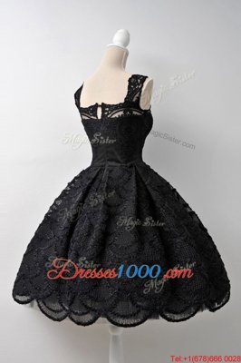 Black A-line Square Sleeveless Lace Knee Length Zipper Lace Dress for Prom
