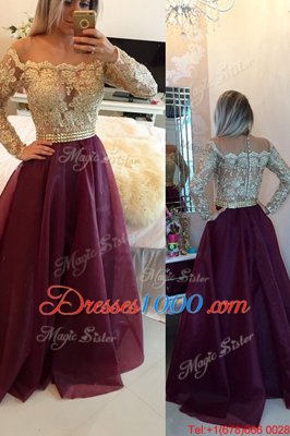 Burgundy A-line Organza Scoop Long Sleeves Beading and Appliques Floor Length Zipper Homecoming Dress