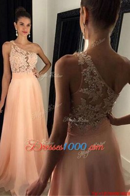 Pretty Peach One Shoulder Side Zipper Beading and Lace Formal Evening Gowns Sweep Train Sleeveless