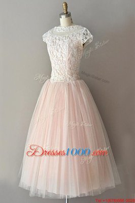 Artistic Tulle Bateau Cap Sleeves Zipper Lace Prom Evening Gown in Pink