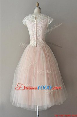 Artistic Tulle Bateau Cap Sleeves Zipper Lace Prom Evening Gown in Pink