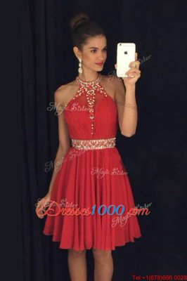 Modest Scoop Sleeveless Custom Made Mini Length Beading Royal Blue Chiffon