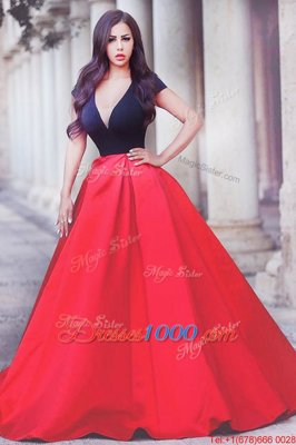 Red And Black V-neck Neckline Beading Prom Evening Gown Short Sleeves Zipper