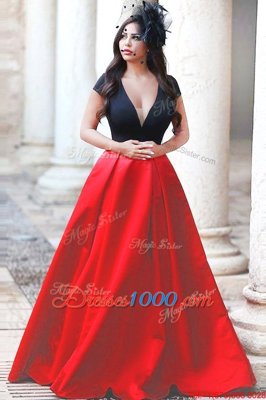 Red And Black V-neck Neckline Beading Prom Evening Gown Short Sleeves Zipper
