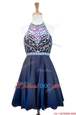 Designer Navy Blue Side Zipper Halter Top Beading Prom Party Dress Chiffon Sleeveless