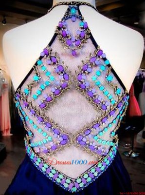 Designer Navy Blue Side Zipper Halter Top Beading Prom Party Dress Chiffon Sleeveless