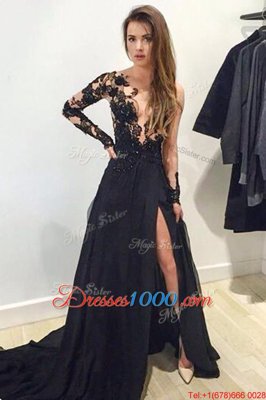 Fantastic Black Long Sleeves Lace and Appliques Zipper Evening Dress