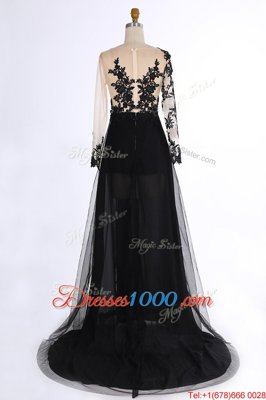 Fantastic Black Long Sleeves Lace and Appliques Zipper Evening Dress