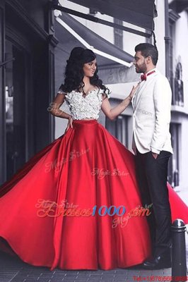 Discount Off the Shoulder Short Sleeves Elastic Woven Satin Floor Length Zipper Prom Dresses in Red for with Appliques