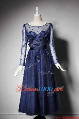 Scoop Tea Length Zipper Prom Party Dress Navy Blue and In for Prom with Beading and Hand Made Flower