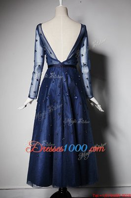 Scoop Tea Length Zipper Prom Party Dress Navy Blue and In for Prom with Beading and Hand Made Flower
