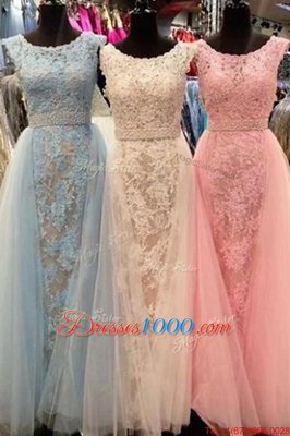 Charming Light Blue Scoop Zipper Beading and Lace Prom Dress Sweep Train Sleeveless