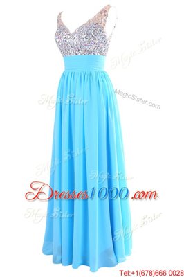 Inexpensive Sleeveless Chiffon Floor Length Zipper Prom Evening Gown in Aqua Blue for with Beading