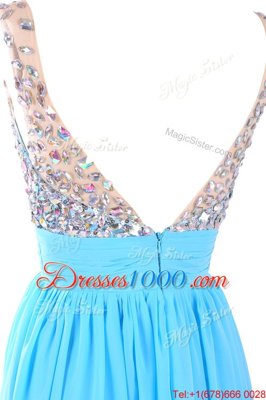 Inexpensive Sleeveless Chiffon Floor Length Zipper Prom Evening Gown in Aqua Blue for with Beading