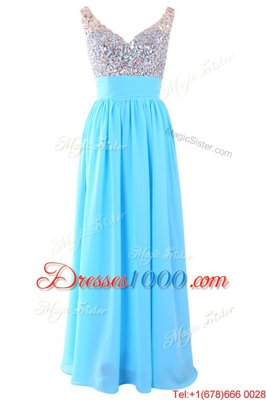 Inexpensive Sleeveless Chiffon Floor Length Zipper Prom Evening Gown in Aqua Blue for with Beading