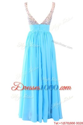 Inexpensive Sleeveless Chiffon Floor Length Zipper Prom Evening Gown in Aqua Blue for with Beading