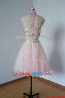 Baby Pink Sleeveless Beading Knee Length Prom Gown