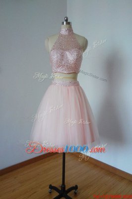 Baby Pink Sleeveless Beading Knee Length Prom Gown