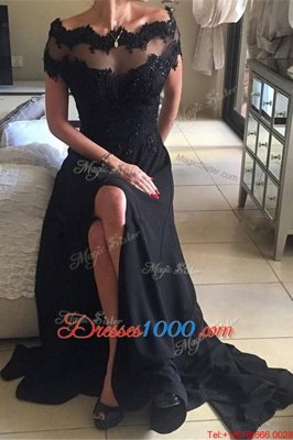 Cheap Off The Shoulder Short Sleeves Sweep Train Backless Prom Evening Gown Black Chiffon