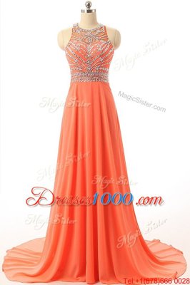 Deluxe Halter Top Orange Sleeveless Court Train Beading Prom Dress