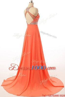 Deluxe Halter Top Orange Sleeveless Court Train Beading Prom Dress