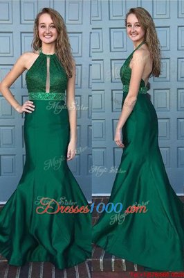 High Class Mermaid Halter Top Sleeveless With Train Beading and Lace Backless Evening Dress with Green Sweep Train