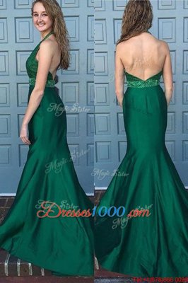 High Class Mermaid Halter Top Sleeveless With Train Beading and Lace Backless Evening Dress with Green Sweep Train