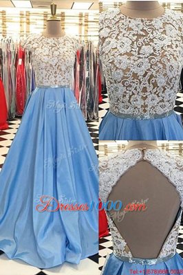 Customized Satin Scoop Cap Sleeves Sweep Train Backless Beading and Lace Evening Dress in Blue