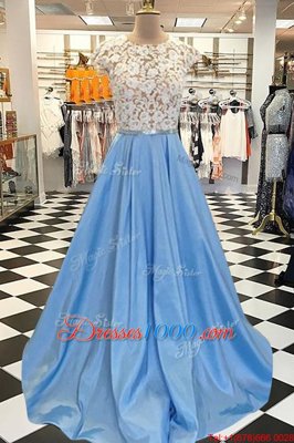 Customized Satin Scoop Cap Sleeves Sweep Train Backless Beading and Lace Evening Dress in Blue